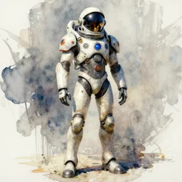 male, full body, modern space suit, intriguing helmet, very stylized character design, large shoulders, short torso, long thin legs, tiny feet, science fiction, hyperdetailed, technical suit, dieselpunk, watercolor digital painting, in the style of mike mignola, by alex maleev, jean giraud