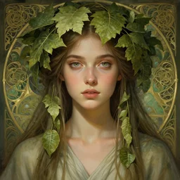 beautiful female druid, portrait, fantasy, young, symmetrical eyes, detailed, intricate, leaves and simple cloth, global lighting, digital art, digital painting, artstation, wlop, sharp focus, illustration, art by artgerm and greg rutkowski and alphonse mucha, 8 k