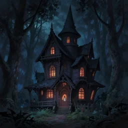 frightening witch house in the dark woods, at night, artstation, elegant, highly detailed, digital painting, concept art, smooth, sharp focus, illustration, art by studio ghibli, fujita goro, atey ghailan, tom whalen, jean giraud 8 k