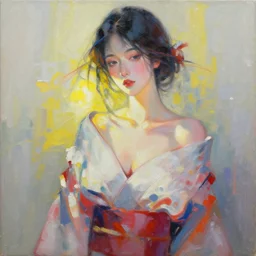 abstract portrait of beautiful female in open kimono, abstract acrylic painting, beatiful light,