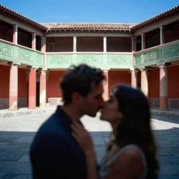 out of focus, very blurry, head to shoulders kiss, photography by saul leiter and ernst haas in an empty decorated pompeii court, airforce blue, red, bright pale green