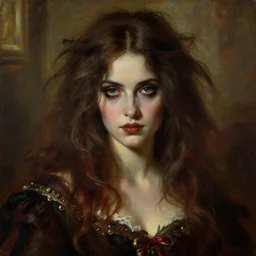 a beautiful and eerie baroque painting of a gorgeous young woman from vampire the masquerade bloodlines, with wild hair and haunted eyes, 1 9 7 0 s, afternoon light, delicate embellishments, painterly