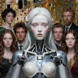 a masterpiece hyper detailed portrait of a beautiful scared girl - cyborg - topmodel. baroque renaissance. cool color scheme. medium shot, intricate, elegant, highly detailed, by stanley artgerm lau, wlop, rossdraws, james jean, andrei riabovitchev, marc simonetti, background by james jean and gustav klimt, light by julie bell, porcelain skin.