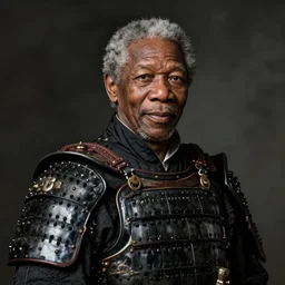 portrait of morgan freeman in black samurai armoury, by jan van eyck