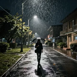 walking outside at night after it just rained, rain like a dream, moebius + thomas kinkade + artgerm,