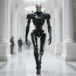skeletal black mecha walking down white marble hallway, Skeletal face android face one eye. mecha (carbon fiber) long limbs black panels reflective. Skeletal face android face one eye ((glowing_red_eye)) RTX On UE5 Artstation Bladerunner_2049_scene!!!!!! Cyberpunk 2077 bladerunner2049!!! bladerunner!!! Dark figure walking down white hallway slightly offset fancy hallway. reflective floor!!!!! Tom Bagshaw and Greg Rutkowski and Alphonse Mucha