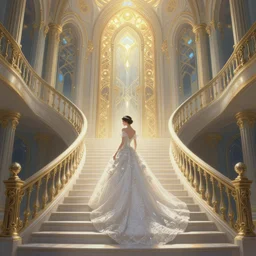 symmetry!! bride, going down the stairs, futurism, sci - fi, glowing lights!! intricate, elegant, highly detailed, digital painting, artstation, concept art, smooth, sharp focus, illustration, art by artgerm and greg rutkowski and alphonse mucha, 8 k