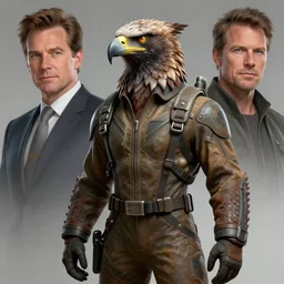 epic professional digital art of a human - eagle hybrid animal wearing human flight jumpsuit, humanoid feathered head, eagle beak, by sidney nolan and peter booth, artstation, cgsocietywlop, epic, much wow, much detail