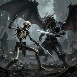 “dark skeleton with a sword fight against a dragon, digital art, photoshop, sharp focus, fantasy”