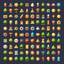 A game assets spritesheet for jetset radio game .  HD vector Containing modular props,  terrain, trees, 2d side view, platform, vector art, very detailed