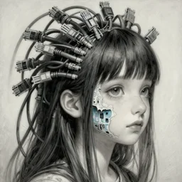 beautiful pure evil teenager lain, cute haircut, with hundreds of network cables, neatly coming out of her head, a part of her face panel is showing, she is in pure bliss, chaos, bizarre, strange, portrait, painting, soft and intricate, fine lines, face is breaking like a porcelain doll, by artgerm,