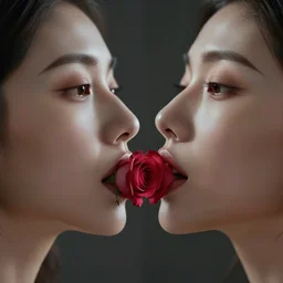 hight focus of a wonderful sweet wonderful symmetrical profile portrait of a lady with a clear skin, with a rose in the center of her lips, daz, emotional, new concept art, dramatic light, cinematic, artstation, octane render 8 k s 1