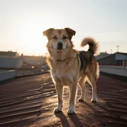 dog on roof, morning light, backlit,