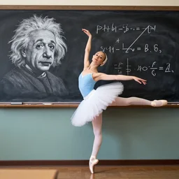 ballerina teaching physics to Albert Einstein at blackboard