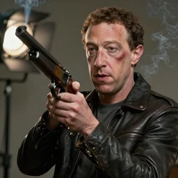 zuckerberg holding shotgun while smoking, extreme detail, studio light, photorealistic, gritty, movie still, cinematic, bruised face, soft focus, well edited, 8 k, atmospheric, dark, leather jacket