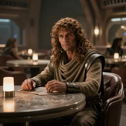 Bossk sitting at a table in a cantina on tatooine, movie still, cinematic