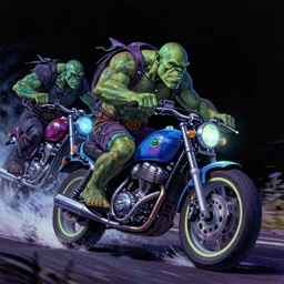 psychedelic blacklight airbrush artwork, motorcycles, hyper stylized action shot of orc bikers racing on motorcycles, menacing orcs, drifting, skidding, wheelie, clear focused details, soft airbrushed artwork, black background, post - apocalypse, cgsociety, artstation, peter palombi, peter lloyd