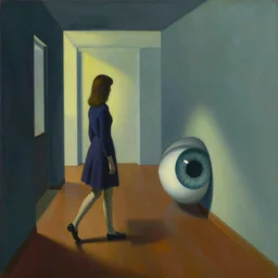 a painting of a girl walking in a hallway and suddenly finds a giant eye on the floor blocking her way, a highly detailed edward hopper painting, by adrian ghenie and gerhard richter. art by remedios varo. masterpiece, flat surreal design with deep colours. 8 k. artstation