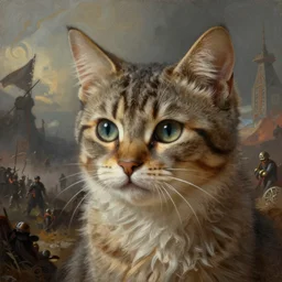 painted closeup of cute kitten in the battlefield, fantasy intricate elegant extremely detailed digital painting trending artstation concept art sharp focus illustration art by gustave courbet greg rutkowski craig mullins
