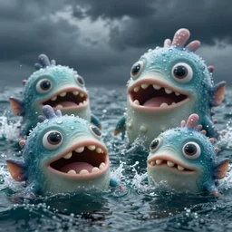 of a dark and stormy ocean with large strange cute water creatures with big eyes, mouth and round teeth appearing from the water, in the style of Gaudi, macro lens, shallow depth of field, highly detailed, digital painting, trending artstation, concept art, illustration, cinematic lighting, vibrant colors, photorealism, epic, octane render