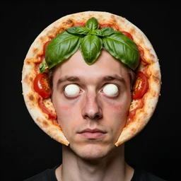 portrait of man with a rare medical condition making the head round like a pizza, head looks exactly like a pizza, doughy skin, hair looks like basil plant, blemishes look like tomatoes, bulging eyes look like mozzarella balls, soft lighting, sharp focus, highly symmetrical, black background, masterpiece by morten krogvold