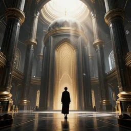 consciousness leaving the body in a gigantic futuristic mosque, 3 d artwork by billelis, render by antoni tudisco,, very detailed, maximalism, ambient occlusion, volumetric light, sun beam, hyper realism, realistic shading, futuristic black and gold composition, wide shot