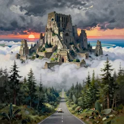 painting by sargent and leyendecker and greg hildebrandt savrasov levitan polenov, studio ghibly style mononoke, huge old ruins, middle earth above the layered low clouds road between forests trees sunrise sunset sea bay view faroe azores overcast storm masterpiece