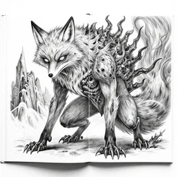 a delicate pencil drawing of a horrifying fox monster in hell, by kento miura, ito junji, double spread highly detailed, featured piece of art, black and white