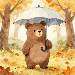 autumn a bear with an umbrella cartoon watercolor trending on artstation