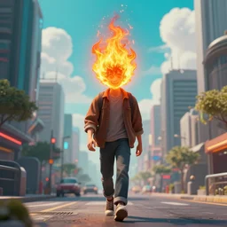 portrait of a man with head of flames, walks happily down the street in a futuristic cyberpunk city, the sky is a turquoise blue with beautiful white fluffy clouds, hyper realism volumetric lighting