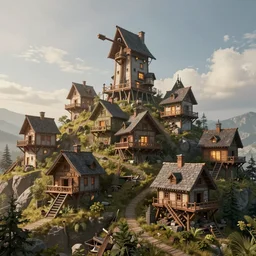 huts on a hill with siege weapons repurposed as homes, volumetric lighting, 8 k octane beautifully detailed render, post - processing, extremely hyper - detailed, intricate, epic composition, cinematic lighting, intricate, trending on artstation, stunning art by anders zorn, wonderful masterpiece by simonetti, beautiful cinematic light,