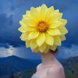 closeup girl with giant yellow dahlia flower on head, standing on mountain, surreal photography, blue storm clouds, dramatic light, impressionist painting, digital painting, artstation, simon stalenhag