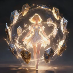 a cute girl with short blonde hair, with many detailed shields made of magical energy orbiting in circles around her body, full body shot, fantasy anime, dramatic lighting