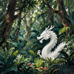 jungle forest concept art, intricate, detailed, huge trees and leaves, white chinese dragon, craig mullins, trending on artstation, edge brushwork