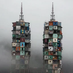 two towers, made up of makeshift squatter shacks with faded colours, uneven dense fog, dystopia, sony a 7 r 3, f 1 1, fully frontal view, photographed by jeanette hagglund