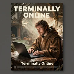 [Poster! of a medieval illustration of a monk being Terminally Online]
