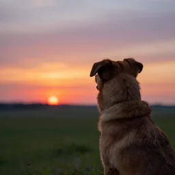 a dog wachting a colorful sunset