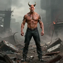 Full body shot of Dwayne the Rock Johnson as the devil, horns and red eyes, post apocalyptic, high res render, octane cgsociety