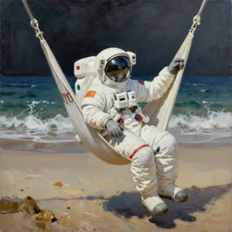 atronaut on a hammoc on a beach, oil painting, artstation, dramatic lighting,, beautiful