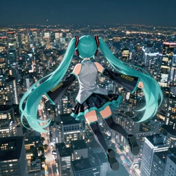 high quality art of a hatsune miku is flying with her back to the camera above the night tokyo at bird's - eye height, glowing particles and ribbons follow her arms, glowing advertising banners on buildings depicting hatsune miku are visible in the distance, art by makoto shinkai, crunchyroll, pixiv, danbooru, hd