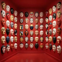 only with red, a red room with a lot of masks with different personalities and expressions, in the style of beksinski, parts by edward hopper, parts by rodcenko, parts by yue minjun, intricate composition by bosch, red by caravaggio, insanely quality, highly detailed, masterpiece, red light, artstation, 4 k