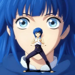 artgerm, loish, makoto shinkai, death from sandman comic eye of horus painted under right eye, fantasy setting, smile, symmetrical eyes, blue hair, symmetrical face, full body action pose
