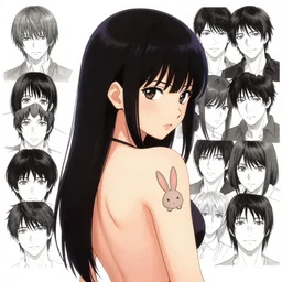 cell shading, a cute anime girl with bunny tattoo on the shoulder, sharp and clean image, back shown, open shoulders, wlop, ilya kuvshinov, artgerm, krenz cushart, greg rutkowski, hiroaki samura, range murata, james jean, katsuhiro otomo, erik jones
