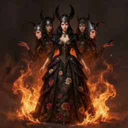 fantasy full body shot, witch with 4 eyes, black hair, crow helmet, floral dress, intricate detail, photorealistic, elegant, stylish, highly detailed, digital painting, artstation, concept art, smooth, sharp focus, illustration, art by artgerm and greg rutkowski and terese nielsen, fire scheme