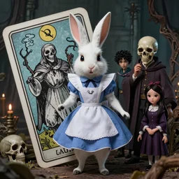 Alice in Wonderland, White Rabbit, Death Tarot card,highly detailed,half skull face,cinematic,8k,by Stanley Artgermm,Tom Bagshaw,Greg Rutkowski,Carne Griffiths, Ayami Kojima, Beksinski, Giger,trending on DeviantArt,hyper detailed,horror, full of colour
