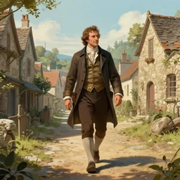time traveler from 2050 walking in a 1700 town, digital art, detailed