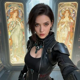 female character wearing cyberpunk clothing in a sci - fi city, high detail, crisp shading, in the style of greg rutkowski and alphonse mucha and lisa frank, selfie