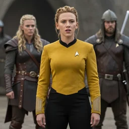 scarlett johansson, in starfleet uniform, playing lagertha in a scene from the tv series vikings