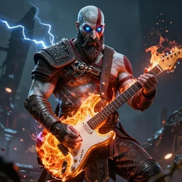glowing eyes kratos shredding on a flaming stratocaster guitar, cinematic render, god of war 2 0 1 8, santa monica studio official media, lightning