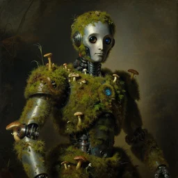 a close - up rococo portrait of an futuristic robot covered in moss, mushrooms, and swamp. gloomy, 1 8 th century masterpiece painting by jean - honore fragonard, stanislaw fernandes, moebius.